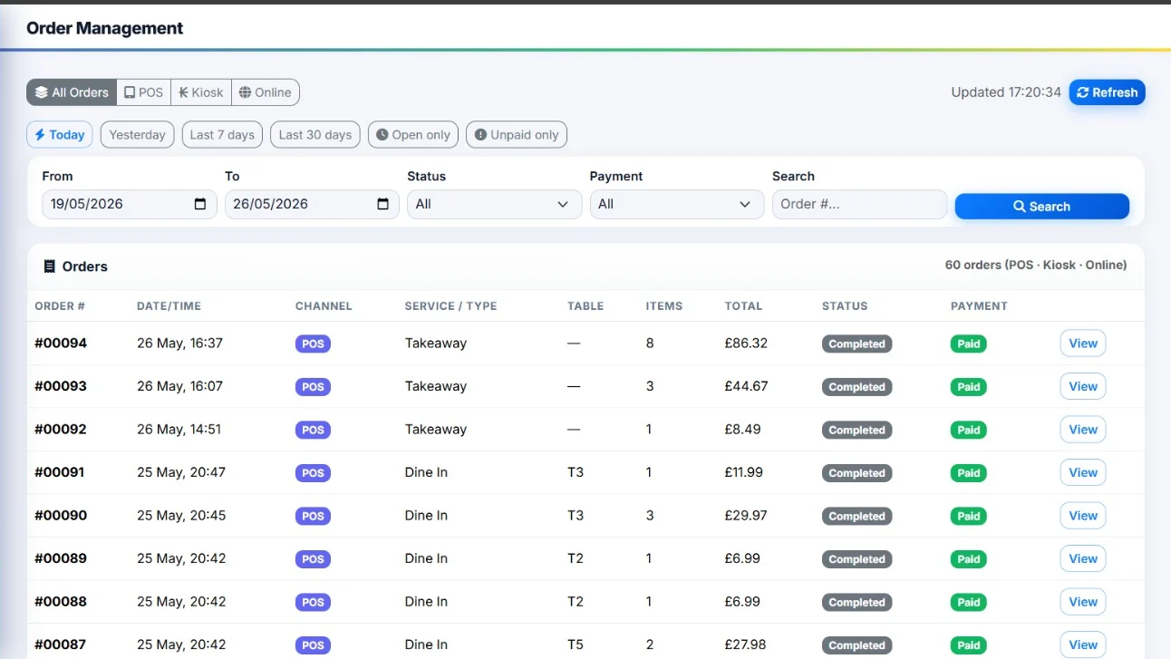 Order queue showing takeaway, collection and dine-in tickets side by side