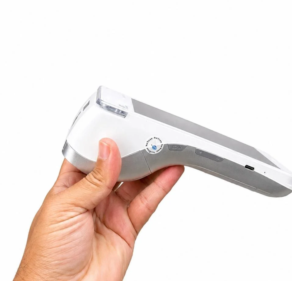 Zivaro card machine held in one hand, showing its slim profile and built-in receipt printer