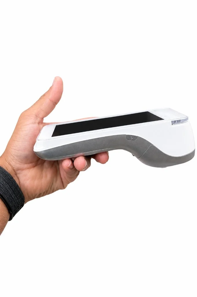 Zivaro card machine in a hand, seen from the side with the receipt printer and side buttons visible